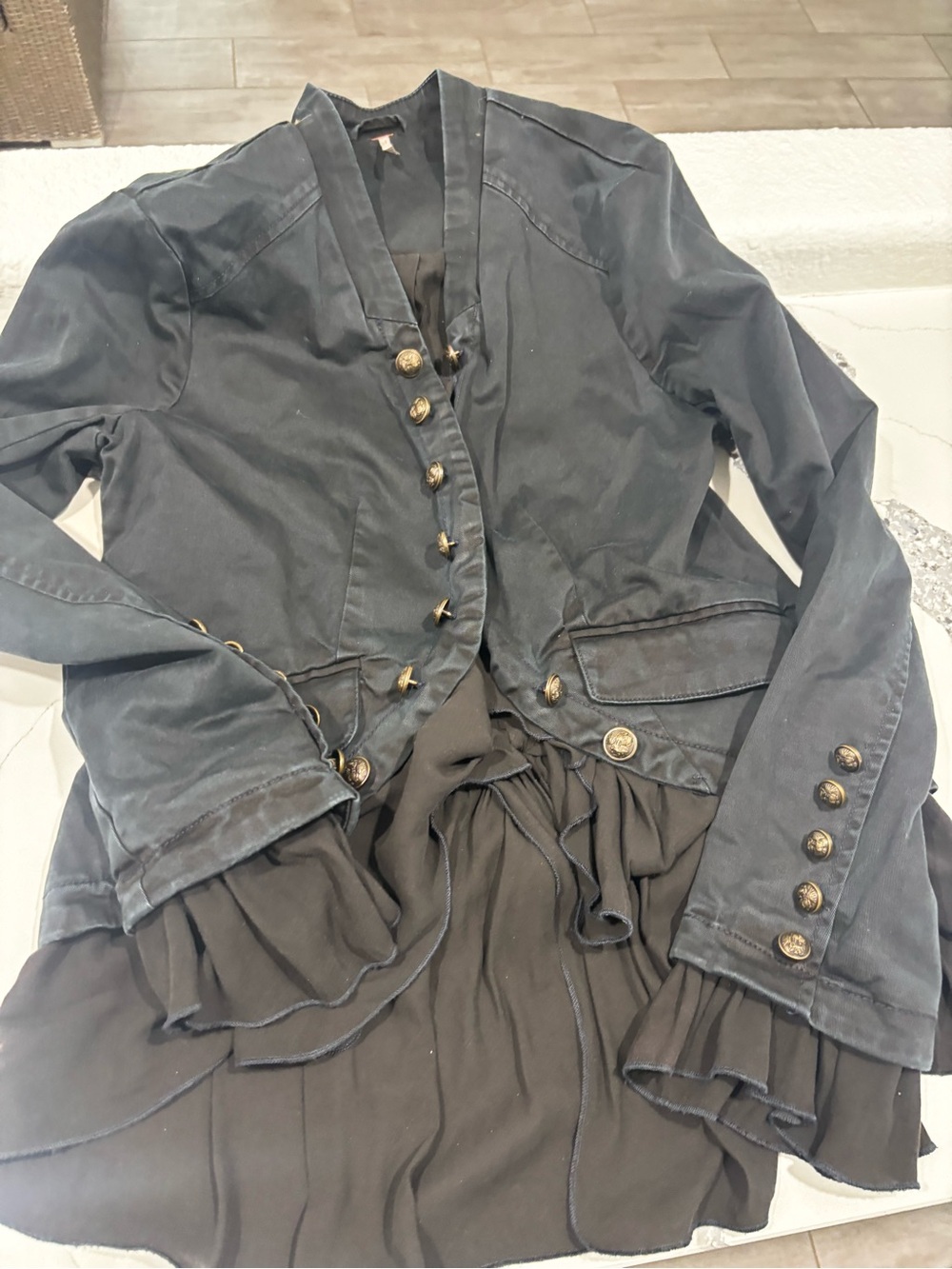 Free People Black Military-Inspired Ruffle Blazer with Gold Buttons
